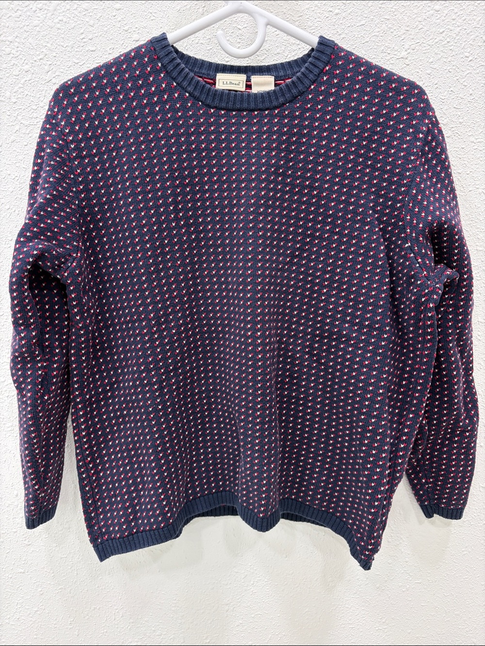 L.L. Bean Navy Crewneck Sweater with Red and White Pattern